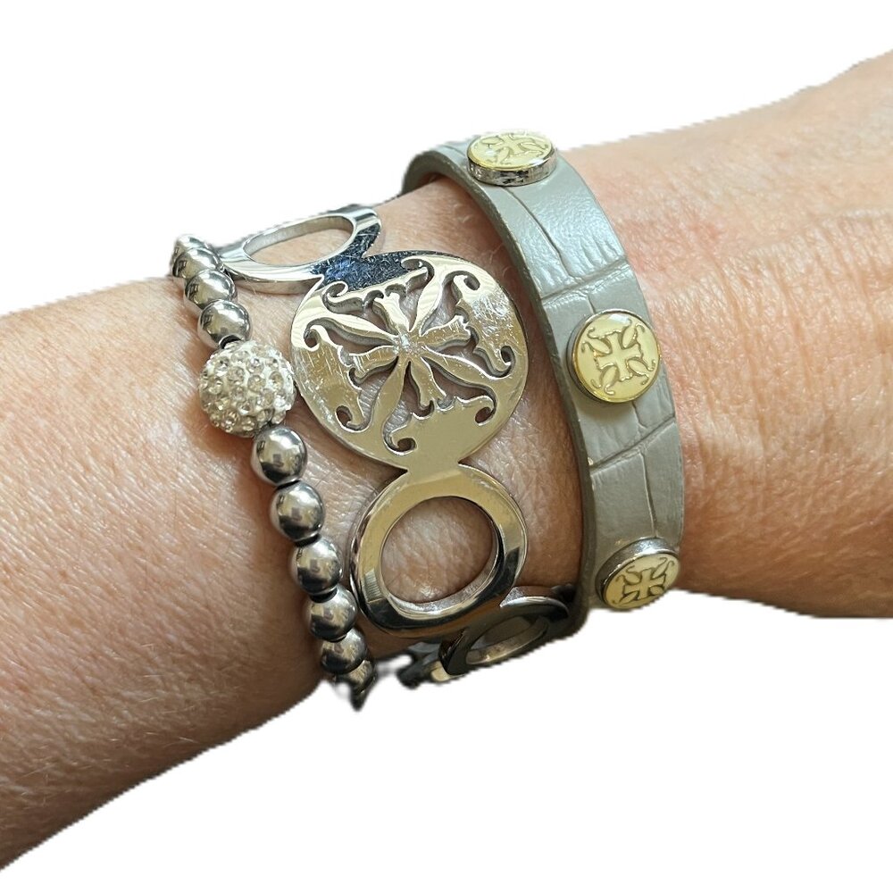 GIFT BOX INCLUDED Rustic Cuff Silver Logo Cuff Leather and Beaded Set